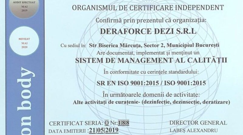 Certificat Management al Calitatii Deraforce Dezi SRL Firma Dezinsectie Deratizare Dezinfectie ISO 9001 pe 2015 Deraforce Dezi SRL
